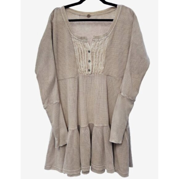 Free People FP One Jolene Thermal Henley Tier Mini Dress Boho oversized Sand S - Picture 1 of 9